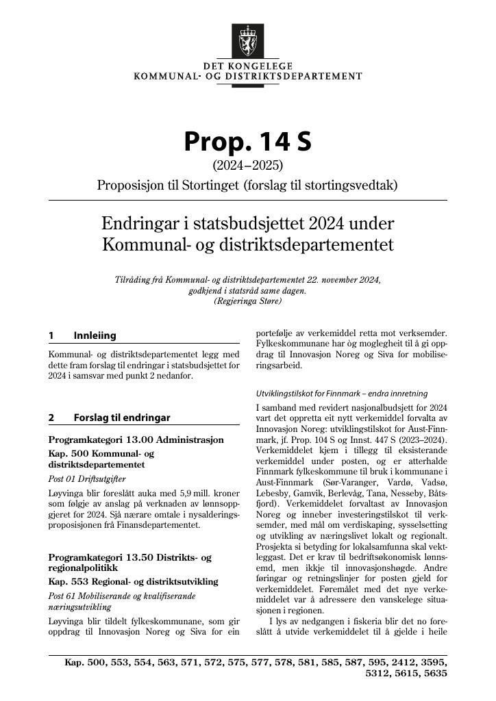 Forsiden av dokumentet Prop. 14 S (2024–2025)