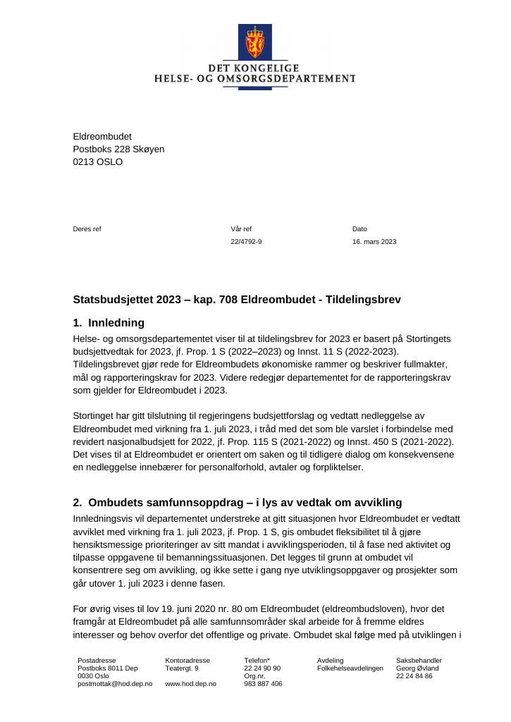 Forsiden av dokumentet Tildelingsbrev Eldreombudet 2023