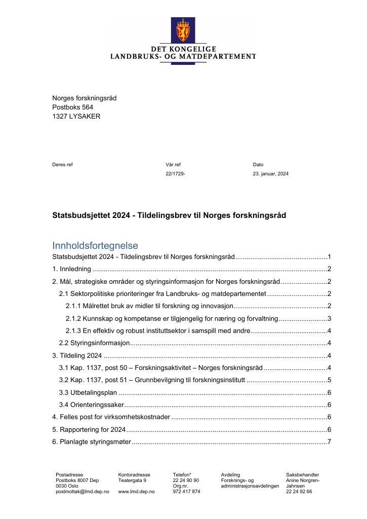 Forsiden av dokumentet Tildelingsbrev Norges forskningsråd 2024