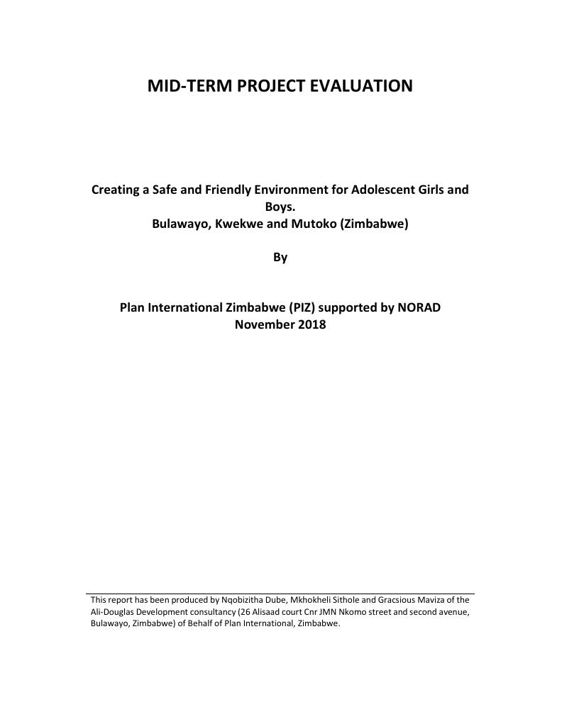 Forsiden av dokumentet Mid-Term Evaluation report for the “Creating a safe and friendly environment for adolescent girls and boys” project