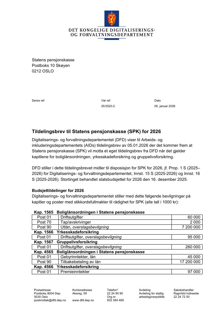 Forsiden av dokumentet Tildelingsbrev Statens Pensjonskasse 2026