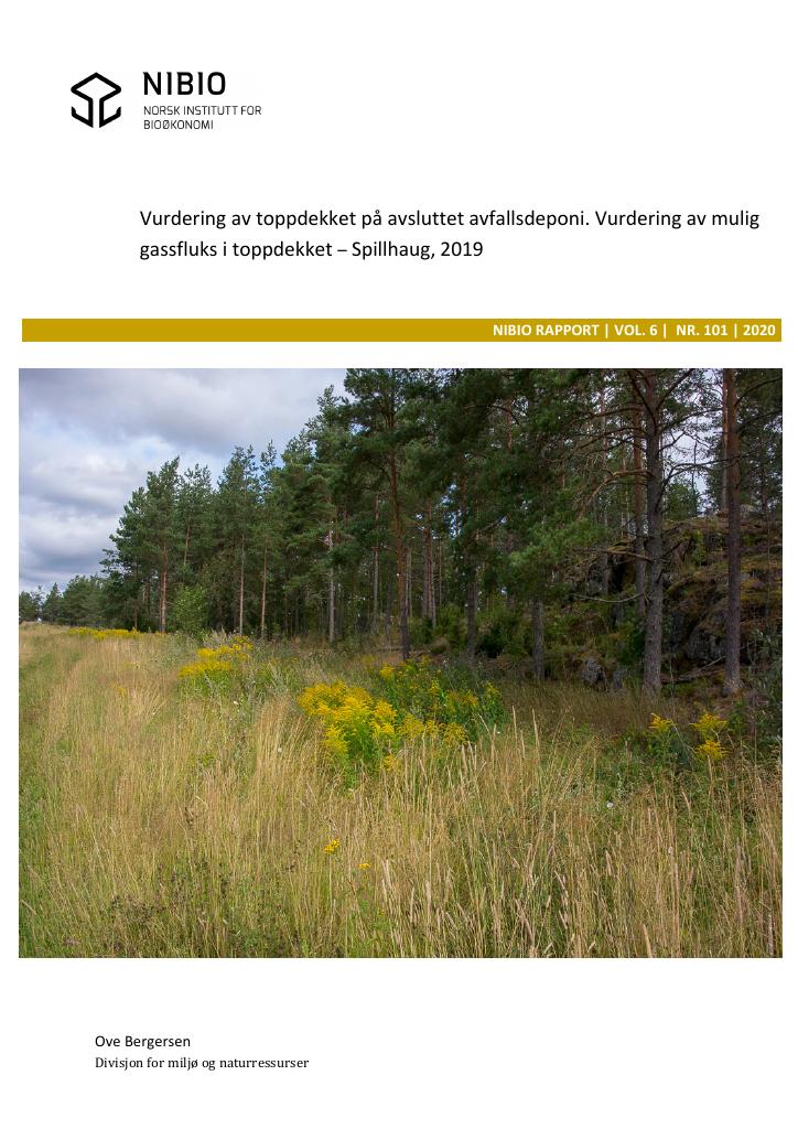 Forsiden av dokumentet Vurdering av toppdekket på avsluttet avfallsdeponi : vurdering av mulig gassfluks i toppdekket – Spillhaug, 2019