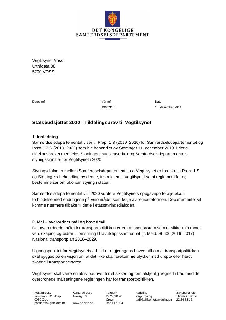 Forsiden av dokumentet Tildelingsbrev Vegtilsynet 2020