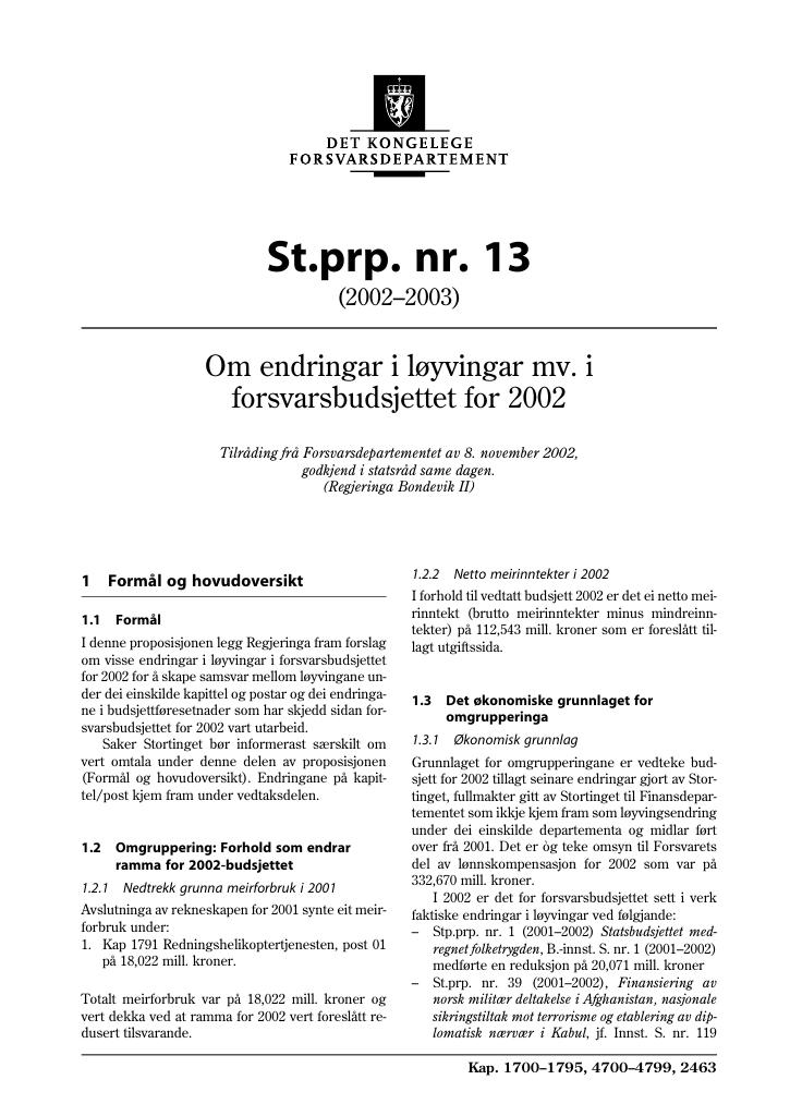 Forsiden av dokumentet St.prp. nr. 13 (2002-2003)