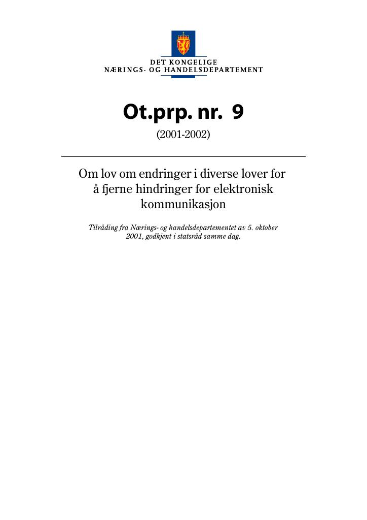 Forsiden av dokumentet Ot.prp. nr. 9 (2001-2002)