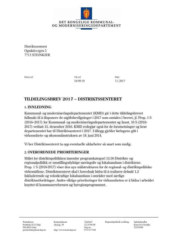 Forsiden av dokumentet Tildelingsbrev (pdf)