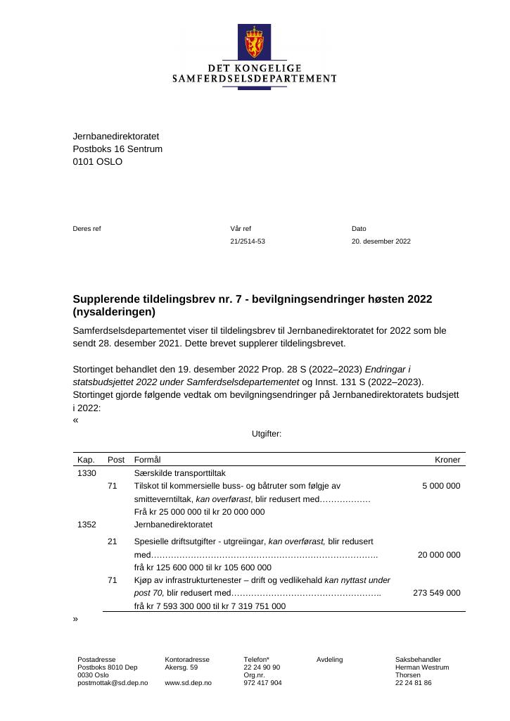 Forsiden av dokumentet Tildelingsbrev Jernbanedirektoratet 2022 - tillegg nr. 7