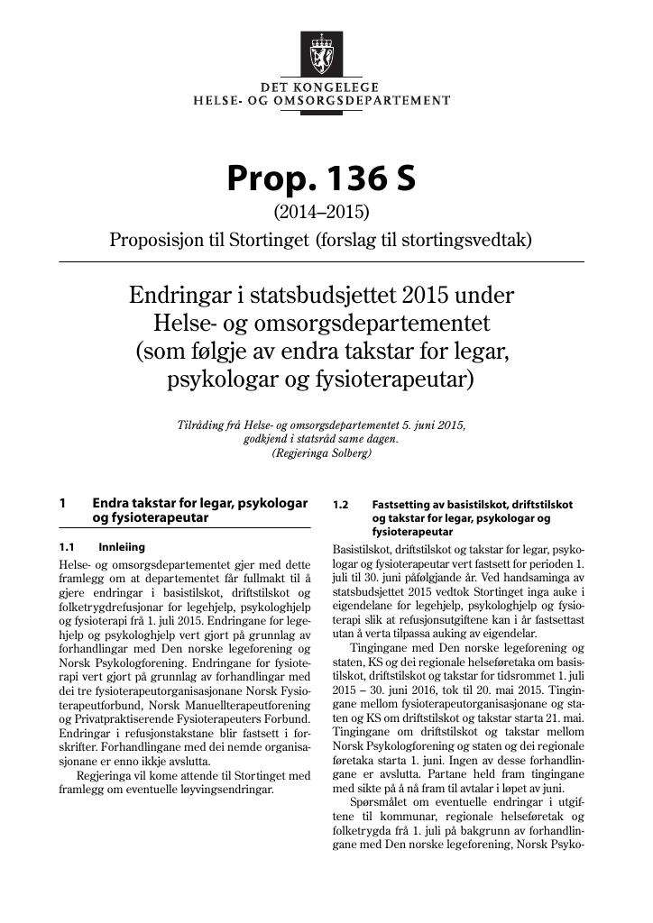 Forsiden av dokumentet Prop. 136 S (2014–2015)