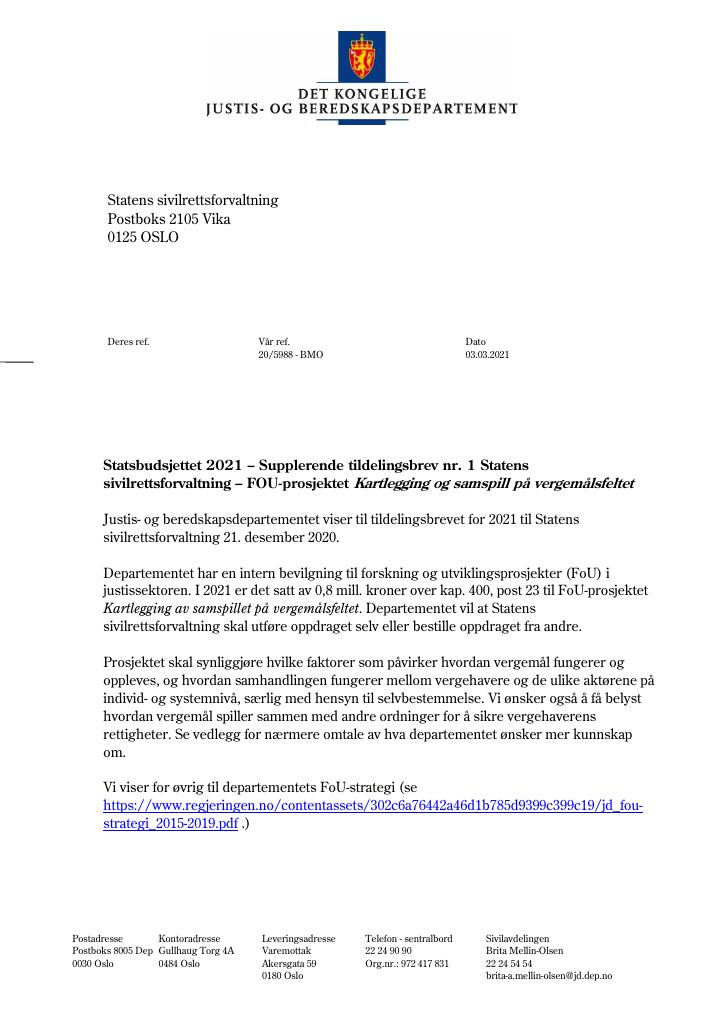 Forsiden av dokumentet Tildelingsbrev Statens sivilrettsforvaltning 2021 - tillegg nr. 1