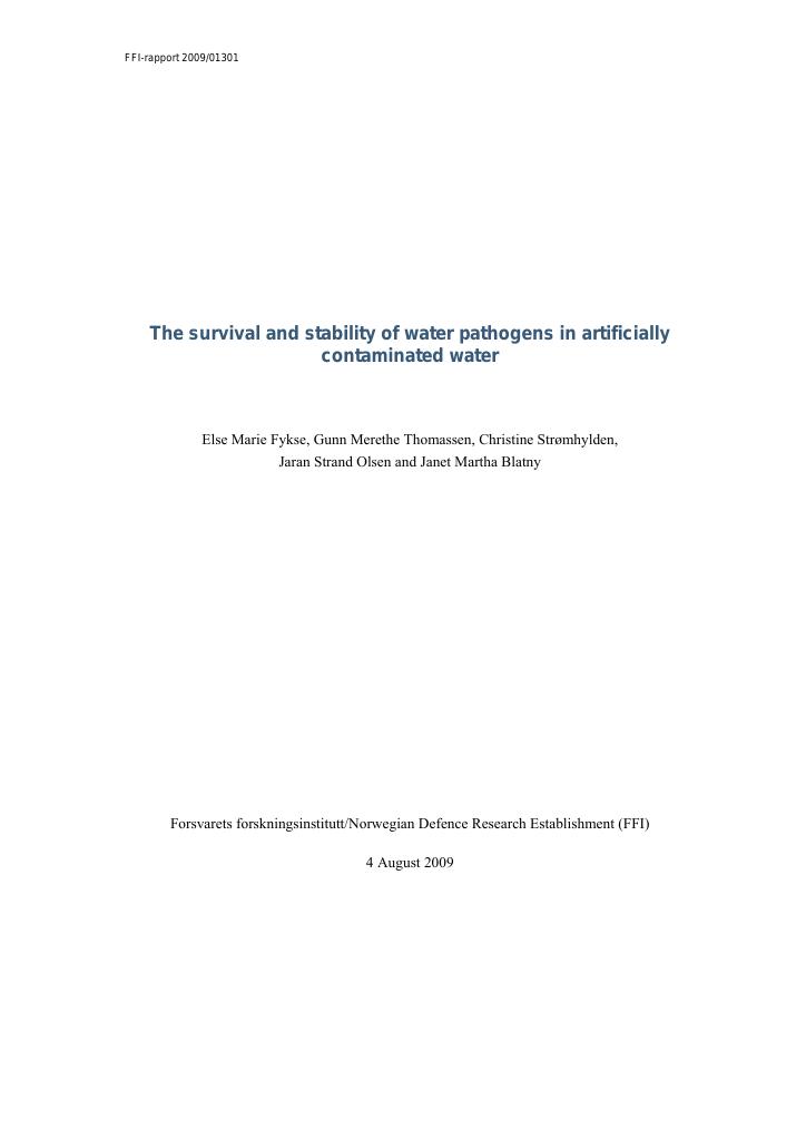 Forsiden av dokumentet The survival and stability of water pathogens in artificially contaminated water