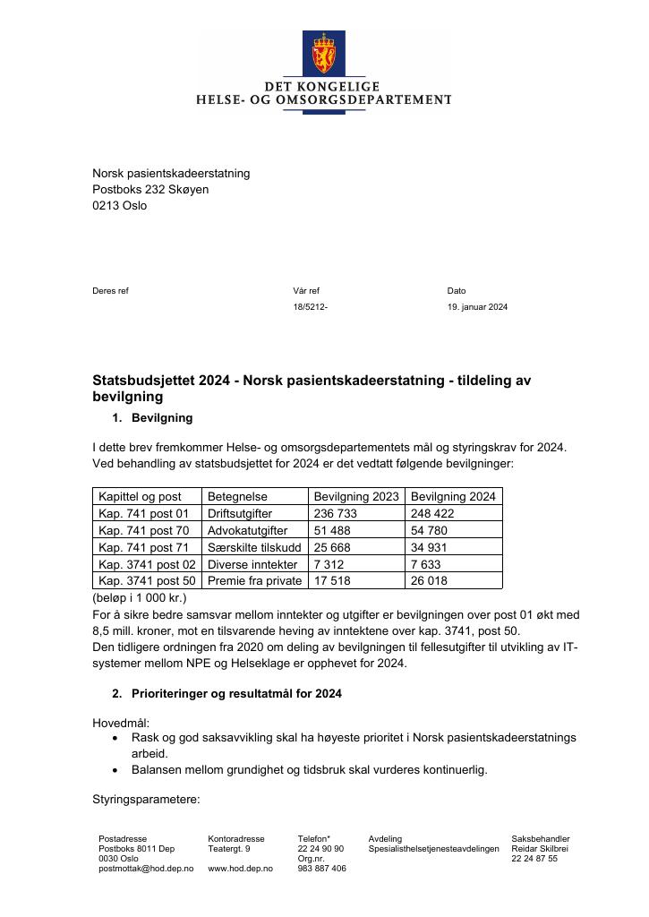 Forsiden av dokumentet Tildelingsbrev 2024