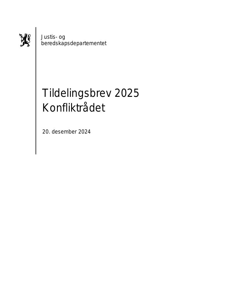 Forsiden av dokumentet Tildelingsbrev Konfliktrådet 2025