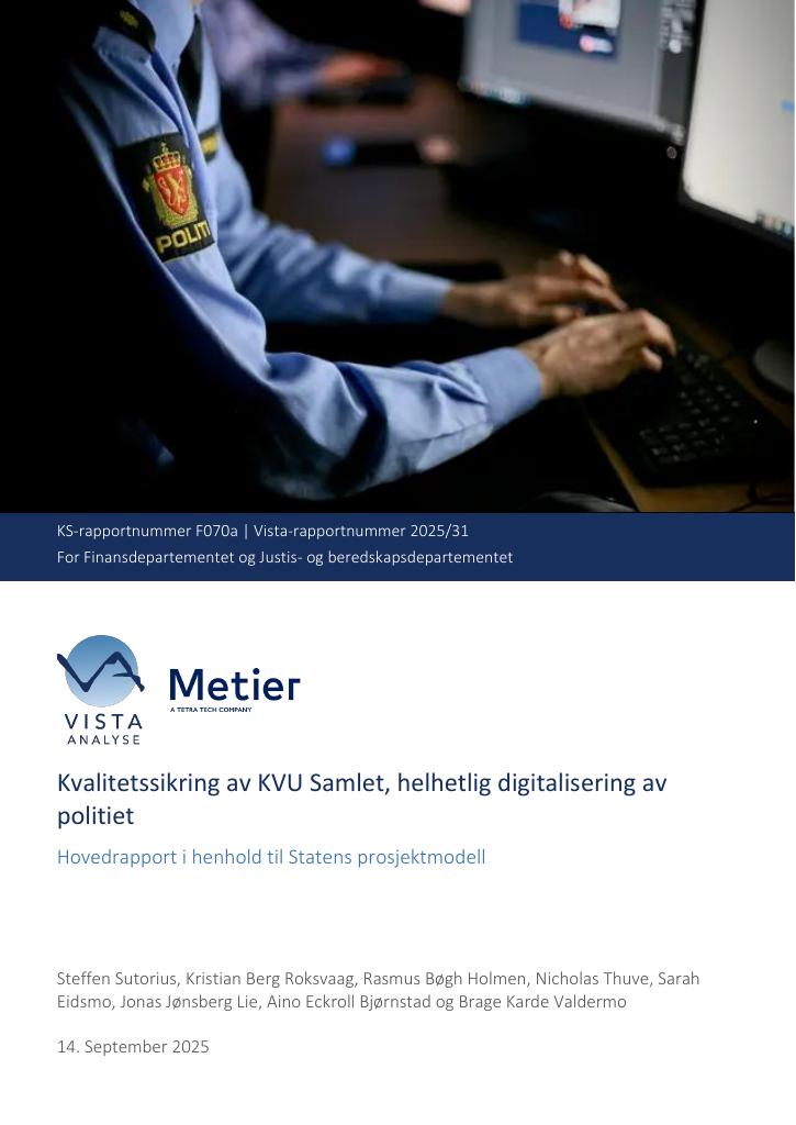 Forsiden av dokumentet Kvalitetssikring av KVU Samlet, helhetlig digitalisering av politiet