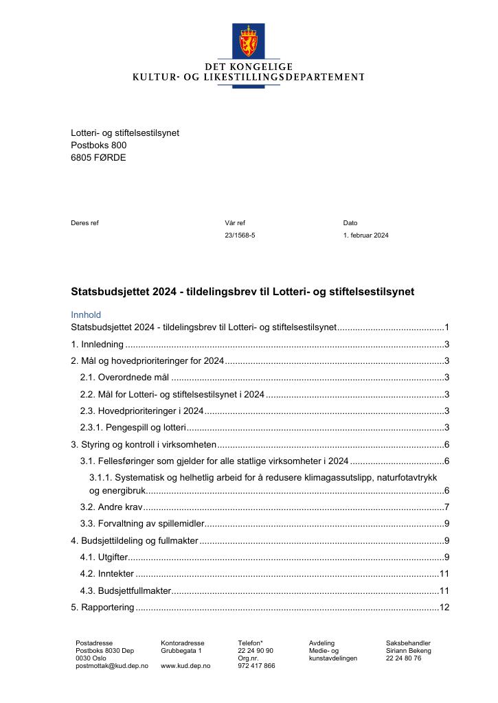 Forsiden av dokumentet Tildelingsbrev 2024 (.pdf)