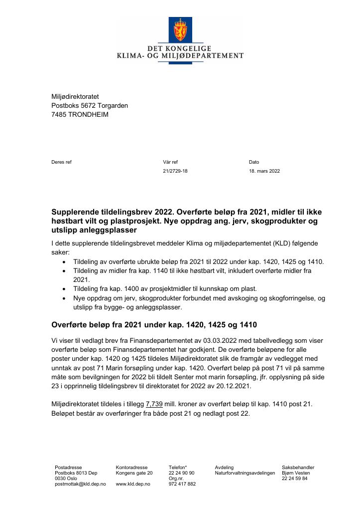 Forsiden av dokumentet Tildelingsbrev Miljødirektoratet 2022 - tillegg