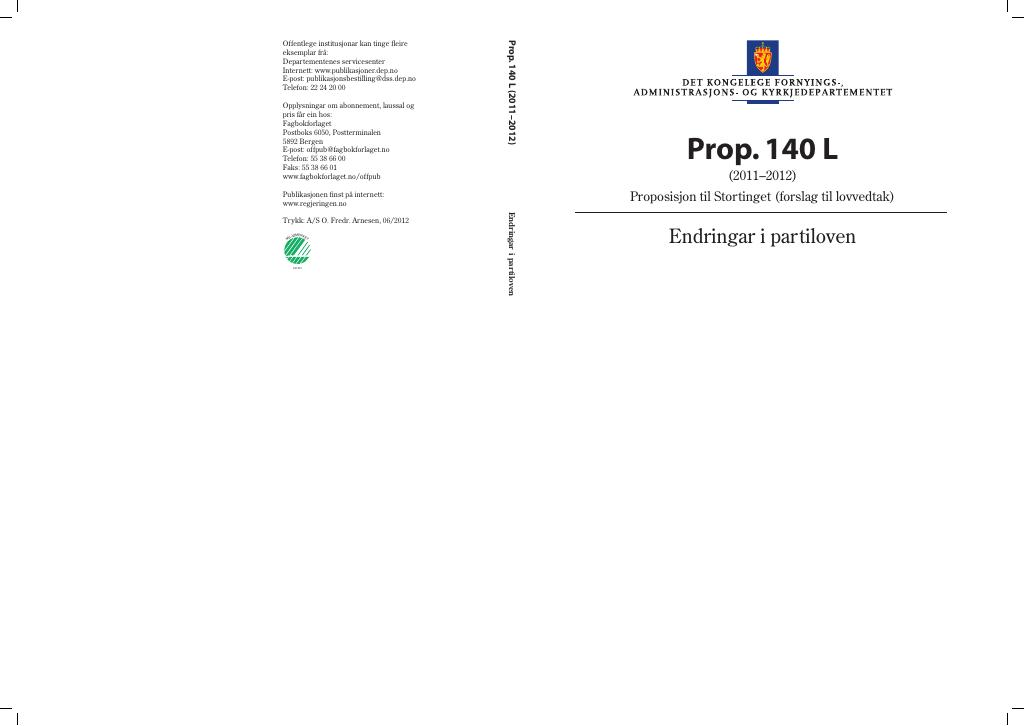 Forsiden av dokumentet Prop. 140 L (2011–2012)