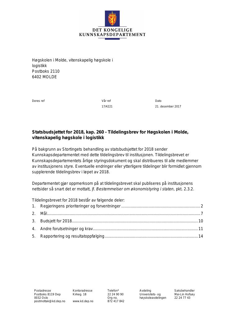 Forsiden av dokumentet Tildelingsbrev Høgskolen i Molde 2018