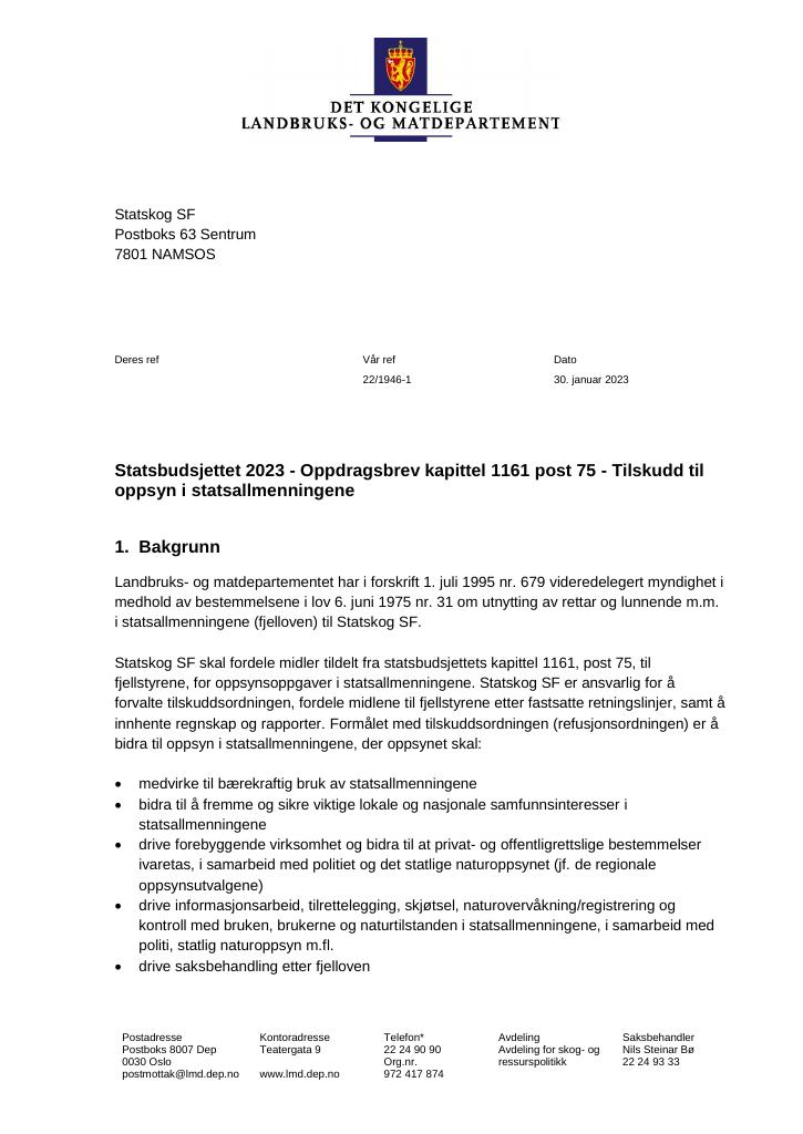 Forsiden av dokumentet Oppdragsbrev 2023 kap. 1161 post 75