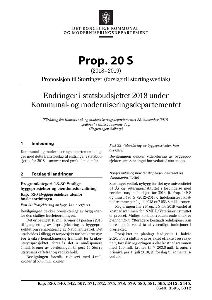 Forsiden av dokumentet Prop. 20 S (2018–2019)