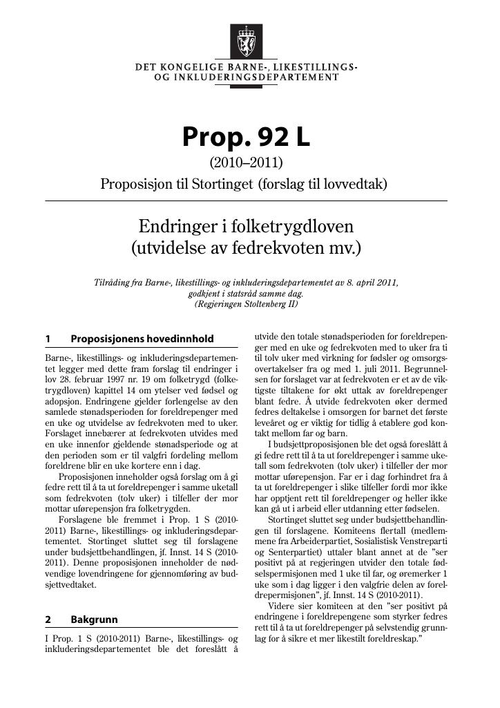 Forsiden av dokumentet Prop. 92 L (2010–2011)