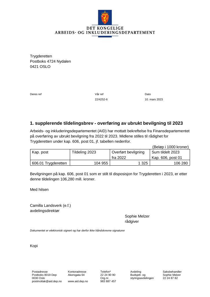 Forsiden av dokumentet Tildelingsbrev Trygderetten 2023 - tillegg nr. 1