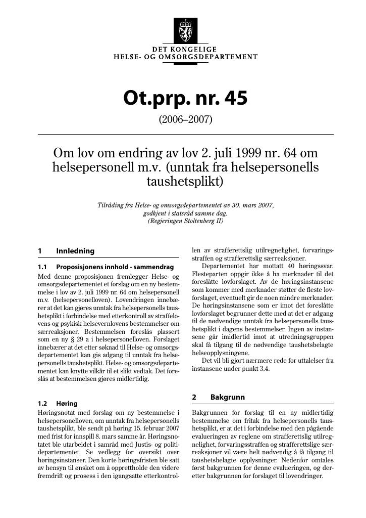 Forsiden av dokumentet Ot.prp. nr. 45 (2006-2007)