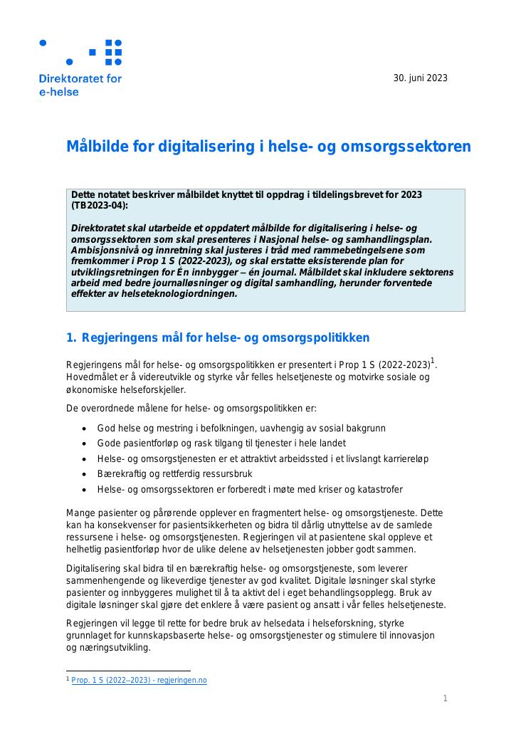 Forsiden av dokumentet Målbilde for digitalisering i helse- og omsorgssektoren