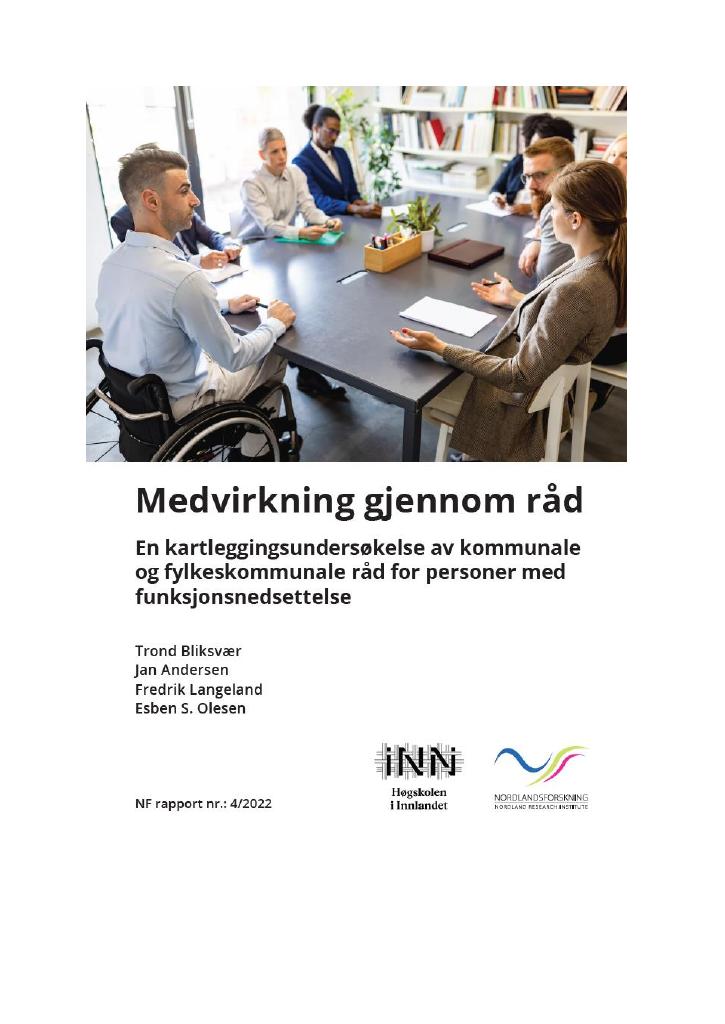 Forsiden av dokumentet Medvirkning gjennom råd. En kartleggingsundersøkelse av kommunale og fylkeskommunale råd for personer med funksjonsnedsettelse