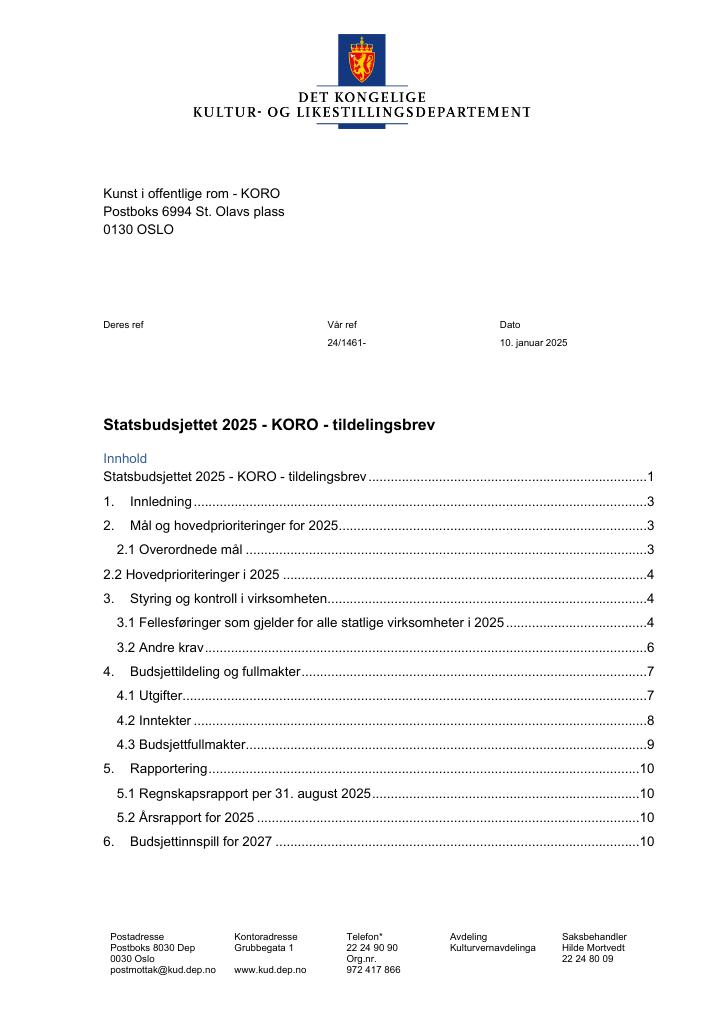 Forsiden av dokumentet Tildelingsbrev Kunst i offentlege rom - KORO 2025