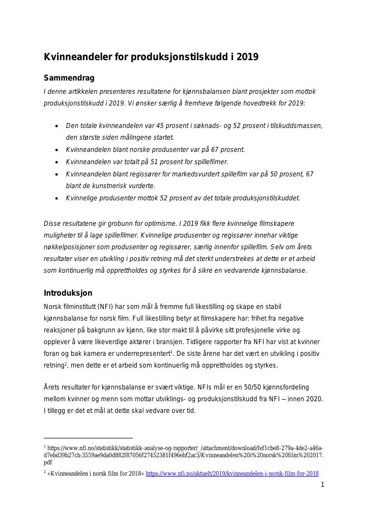 Forsiden av dokumentet Kvinneandeler for produksjonstilskudd i 2019