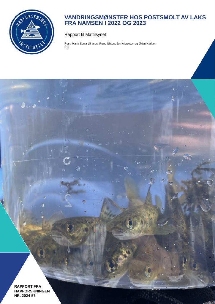 Forsiden av dokumentet Vandringsmønster hos postsmolt av laks fra Namsen i 2022 og 2023
Migration of Atlantic salmon postsmolt from River Namsen in 2022 and 2023