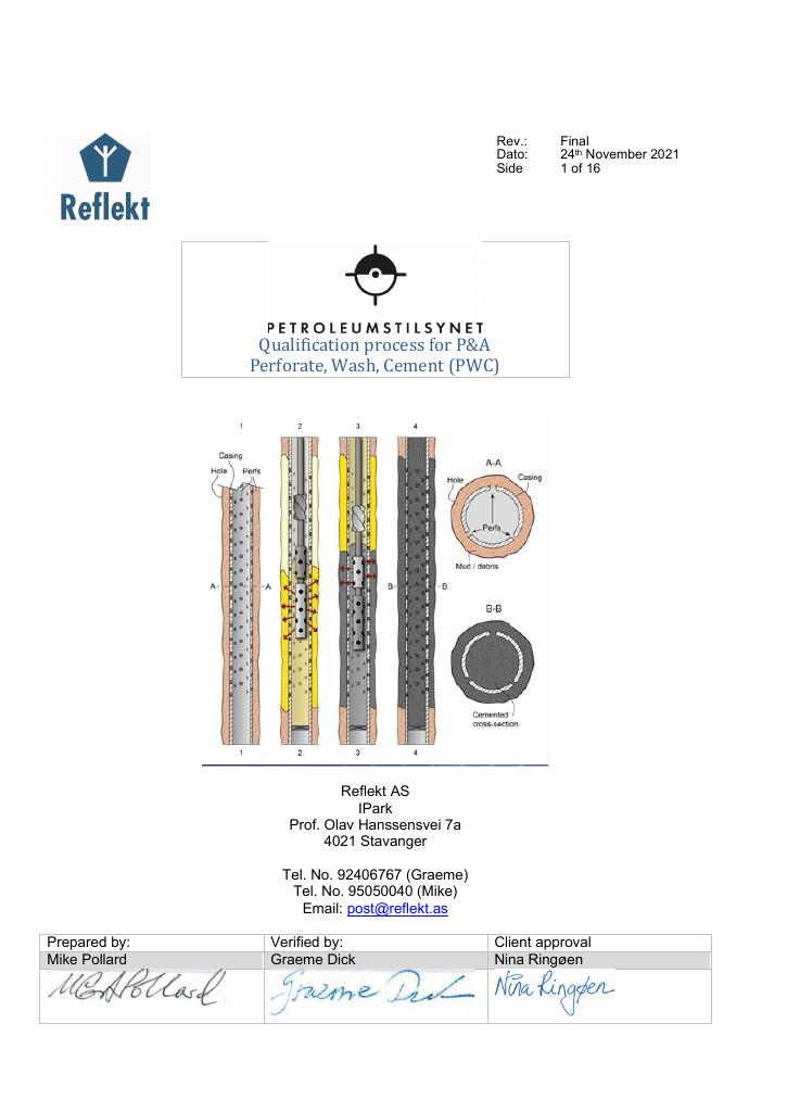 Forsiden av dokumentet Qualification process for P&A 
Perforate, Wash, Cement (PWC)