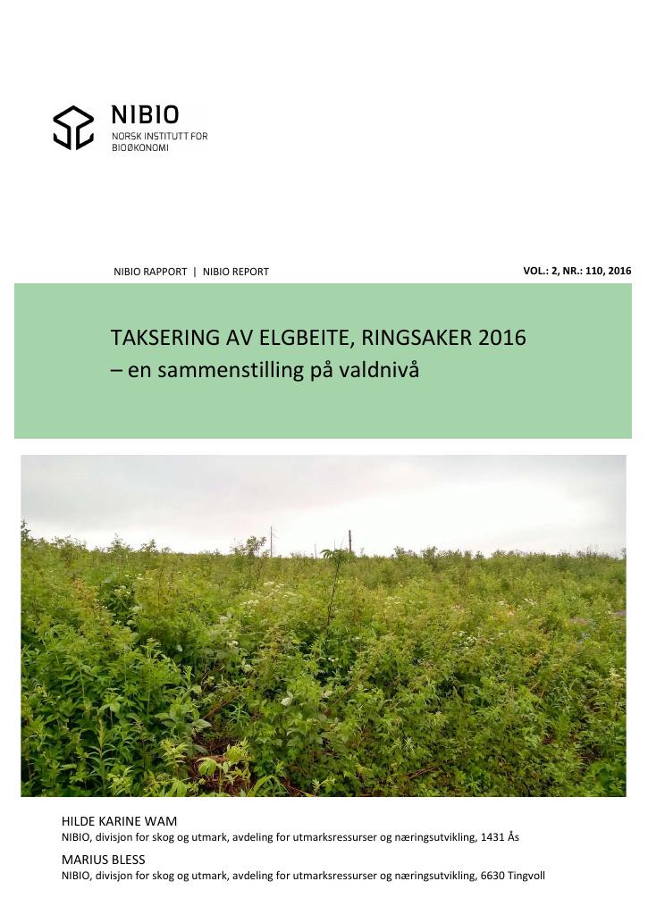 Forsiden av dokumentet Taksering av elgbeite, Ringsaker 2016 : en sammenstilling på valdnivå