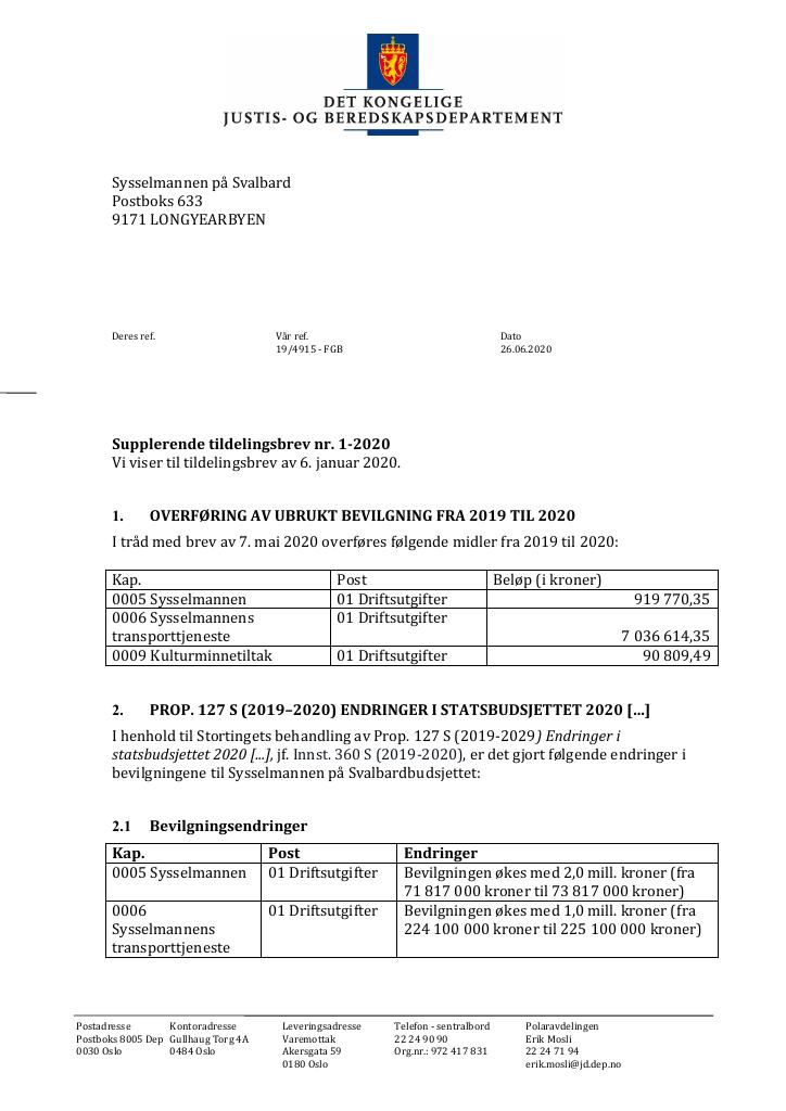 Forsiden av dokumentet Tildelingsbrev Sysselmannen på Svalbard 2020 - tillegg nr. 1