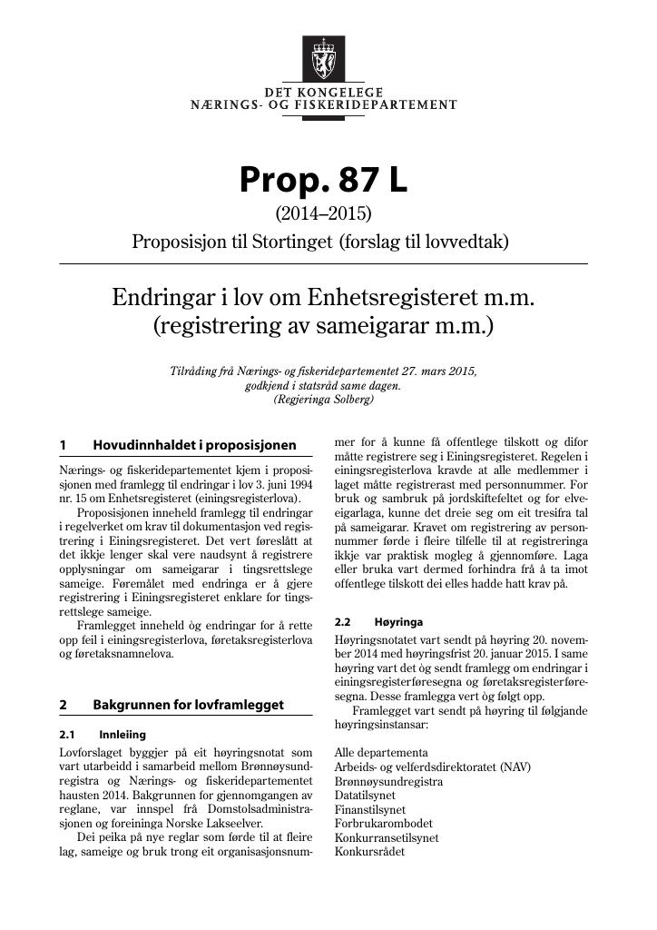 Forsiden av dokumentet Prop. 87 L (2014-2015)