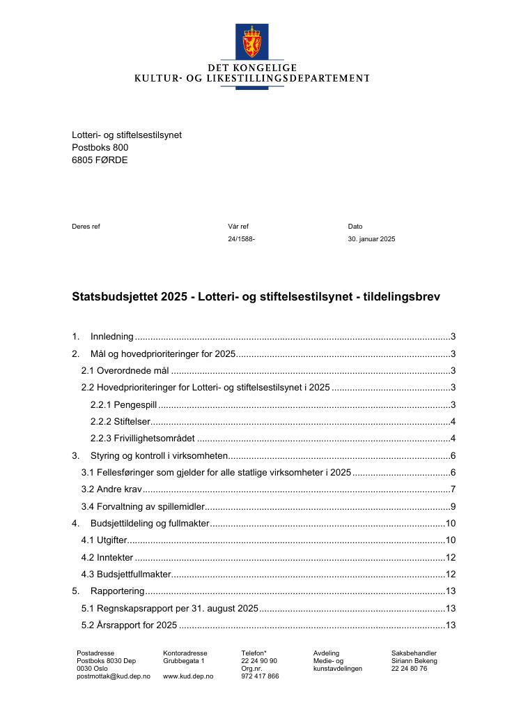 Forsiden av dokumentet Tildelingsbrev Lotteri- og stiftelsestilsynet 2025
