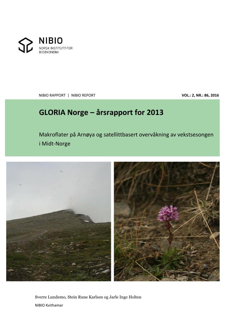 Forsiden av dokumentet GLORIA Norge – årsrapport for 2013. Makroflater på Arnøya og satellittbasert overvåkning av vekstsesongen i Midt-Norge