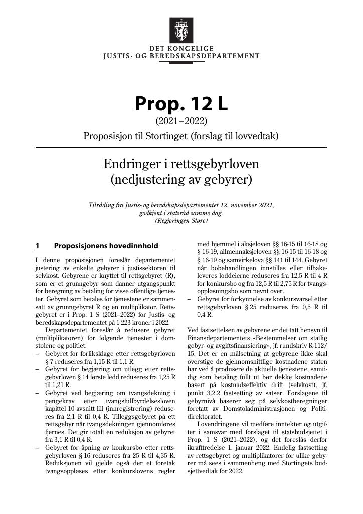 Forsiden av dokumentet Prop. 12 L (2021–2022)