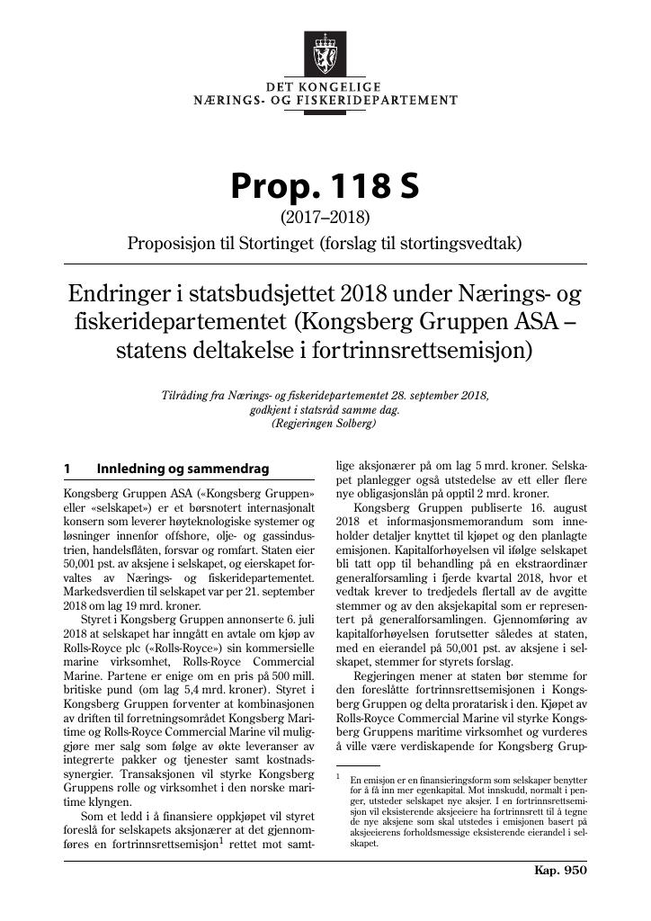 Forsiden av dokumentet Prop. 118 S (2017–2018)
