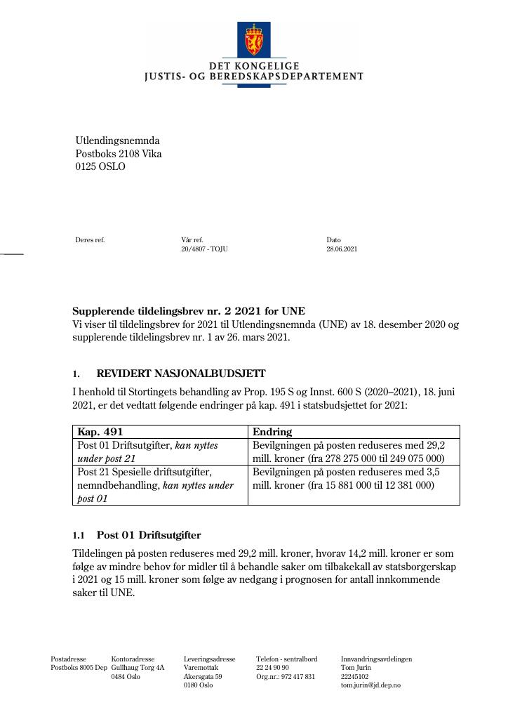 Forsiden av dokumentet Tildelingsbrev Utlendingsnemnda 2021 - tillegg nr. 2