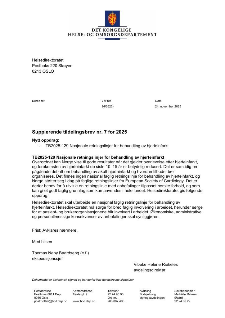 Forsiden av dokumentet Tildelingsbrev Helsedirektoratet 2025 - tillegg nr. 7