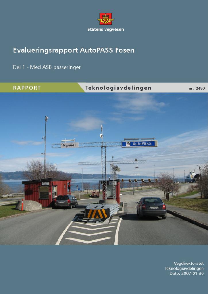 Forsiden av dokumentet Evalueringsrapport AutoPASS Fosen : del 1 - med ASB passeringer