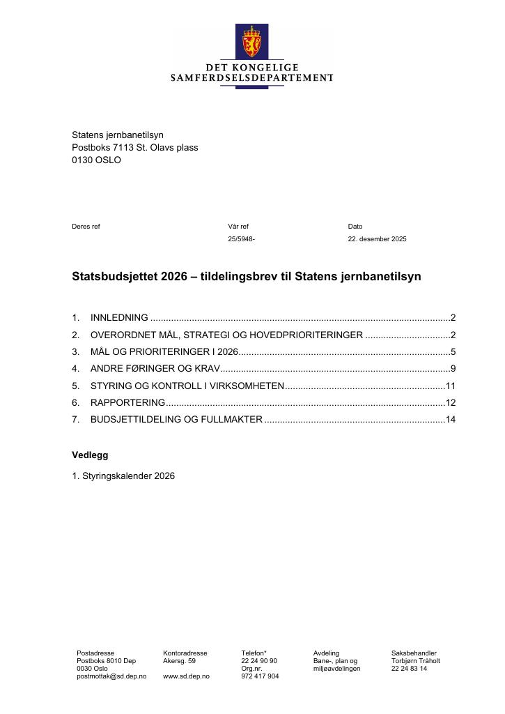 Forsiden av dokumentet Tildelingsbrev Statens jernbanetilsyn 2026