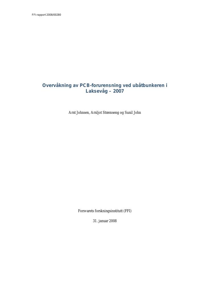Forsiden av dokumentet Overvåkning av PCB-forurensning ved ubåtbunkeren i Laksevåg - 2007