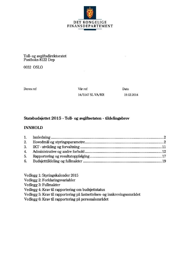 Forsiden av dokumentet Tildelingsbrev (pdf)