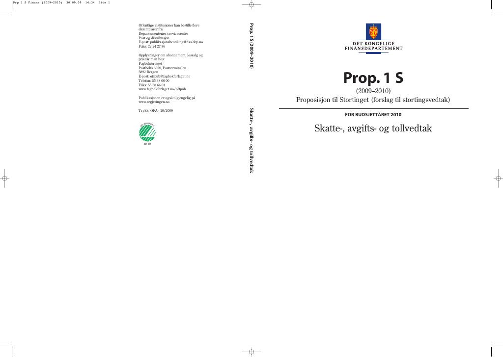 Forsiden av dokumentet Prop. 1 S (2009-2010)