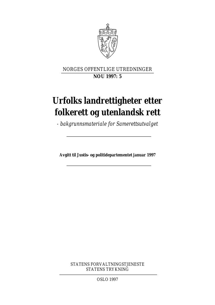 Forsiden av dokumentet NOU 1997: 5 - Urfolks landrettigheter etter folkerett og utenlandsk rett