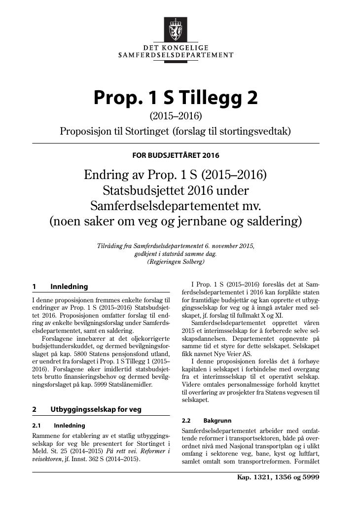 Forsiden av dokumentet Prop. 1 S Tillegg nr. 2 (2015–2016)