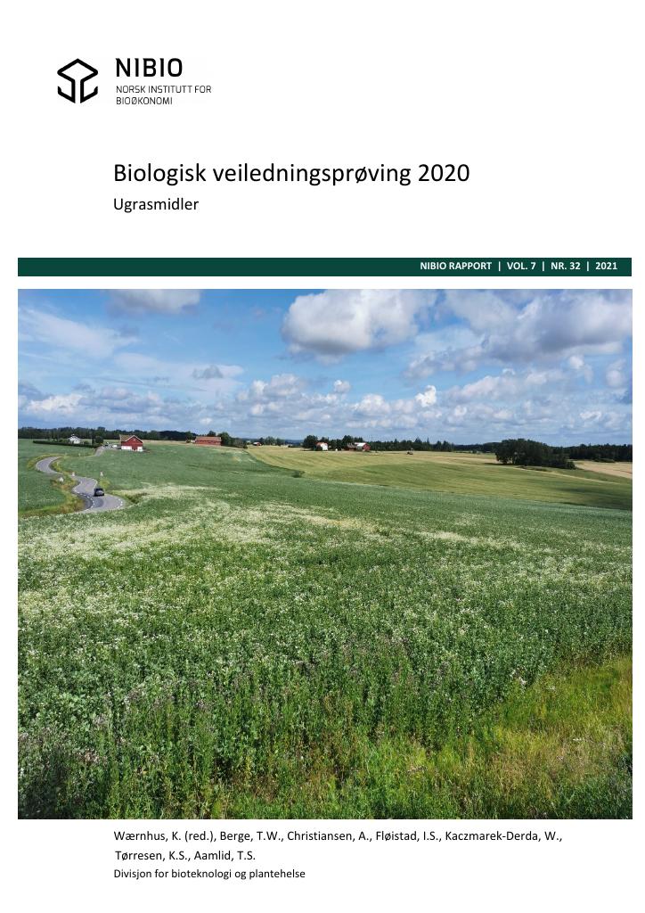 Forsiden av dokumentet Biologisk veiledningsprøving 2020. Ugrasmidler
