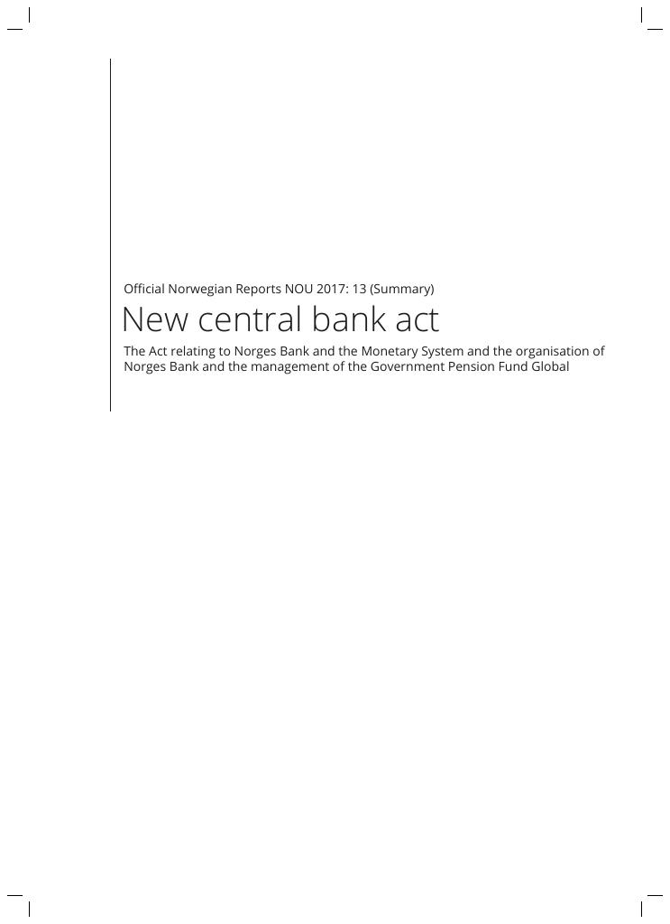 Forsiden av dokumentet NOU 2017: 13 - New central bank act